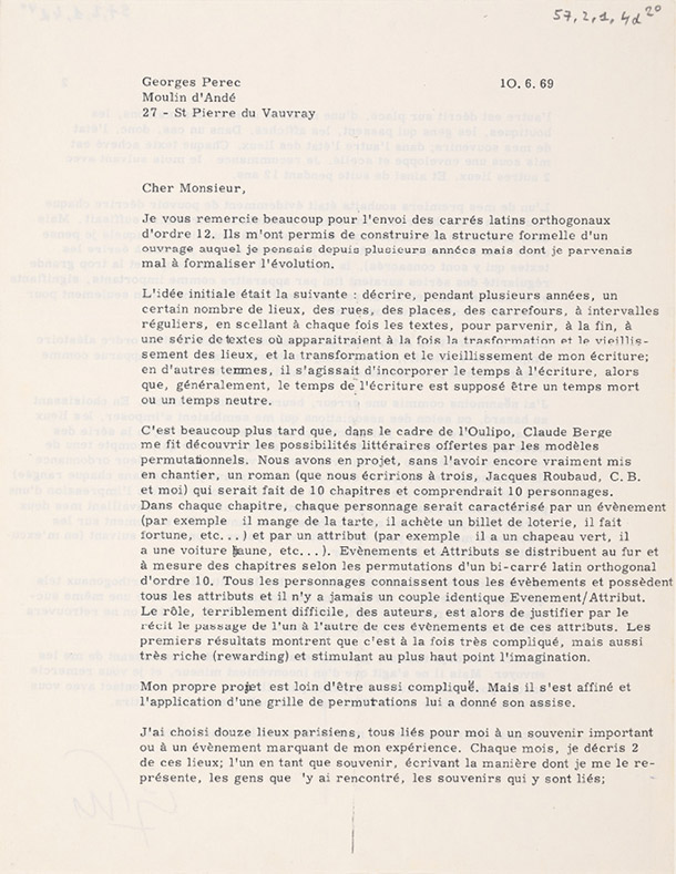 Réponse de Georges Perec, 10 juin 1969 - recto - FGP 57, 2, 1, 4d